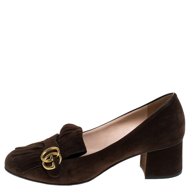 

Gucci Brown Suede Leather GG Marmont Block Heel Pumps Size