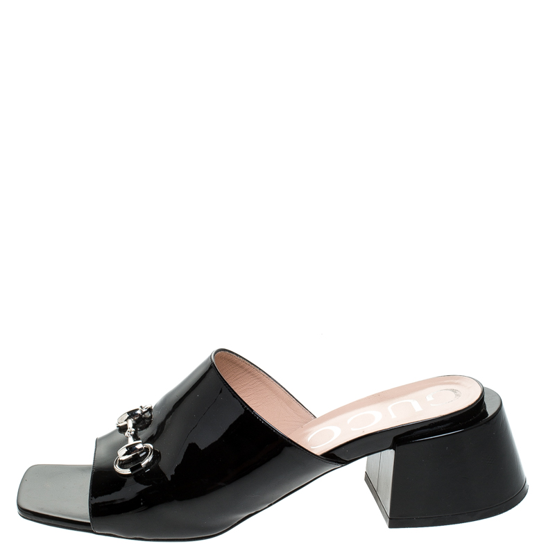 

Gucci Black Patent Leather Horsebit Open Toe Sandals Size