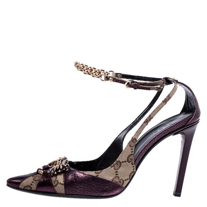 

Gucci Beige GG Canvas And Metallic Purple Leather Crystal Embellished Pointed Toe Ankle Strap Sandals Size