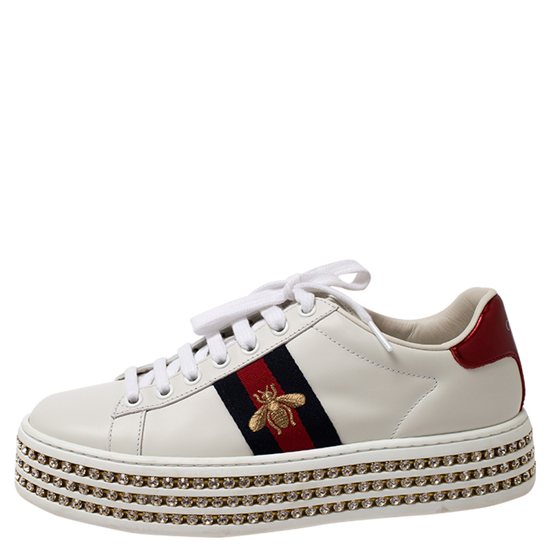 

Gucci White Leather Crystal Studded Ace Lace Up Sneakers Size