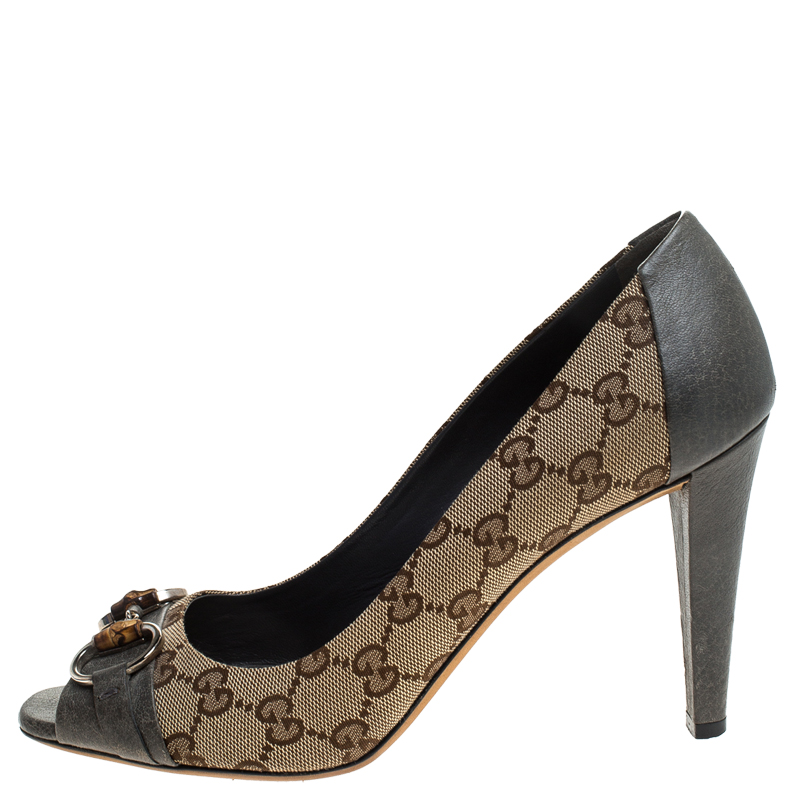 

Gucci Beige GG Canvas And Grey Leather Horsebit Peep Toe Pumps Size