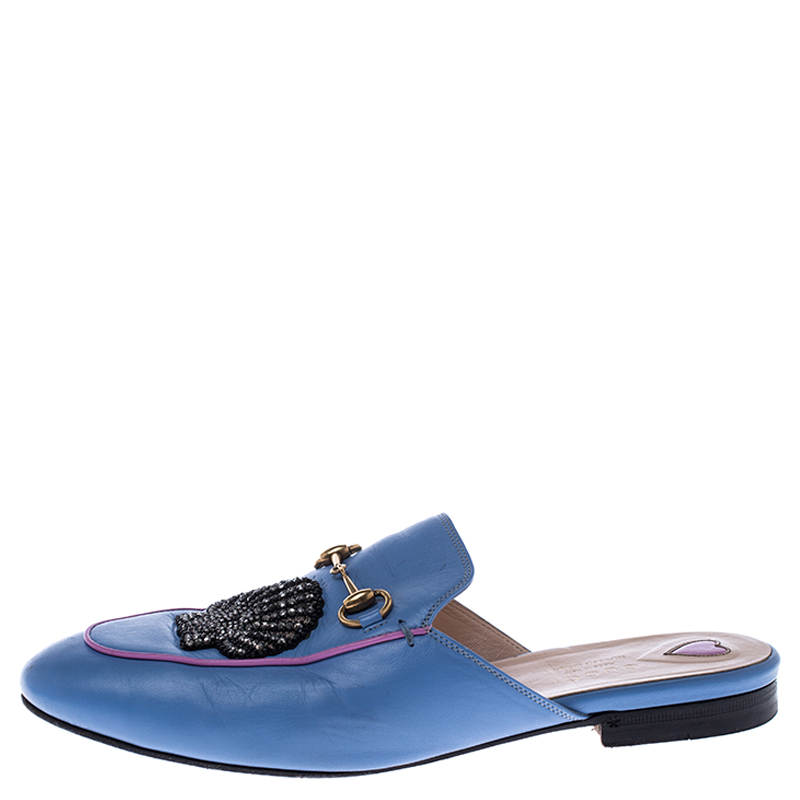 

Gucci Blue Leather Crystal Embellished Horsebit Princetown Loafer Slides Size