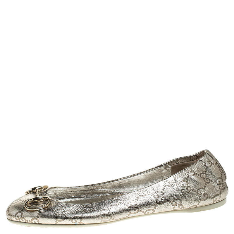 

Gucci Silver Guccissima Leather Horsebit Ballet Flats Size