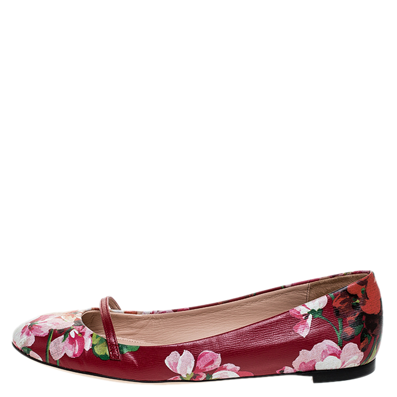 

Gucci Red Floral Printed Leather Blooms Ballet Flats Size, White