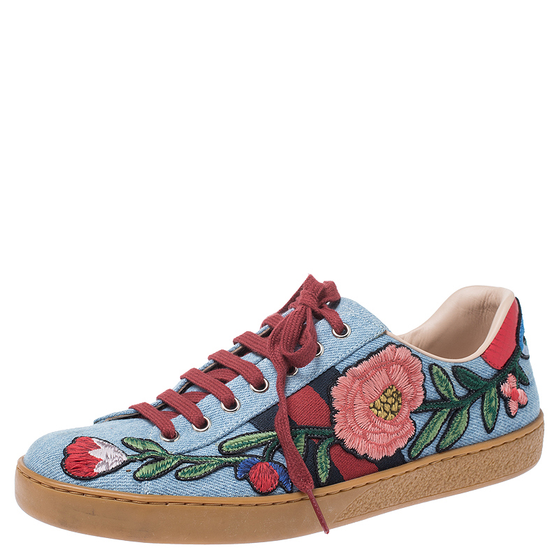 Gucci Multicolor Denim Ace Floral Embroidered Low Top Sneakers Size 37.5