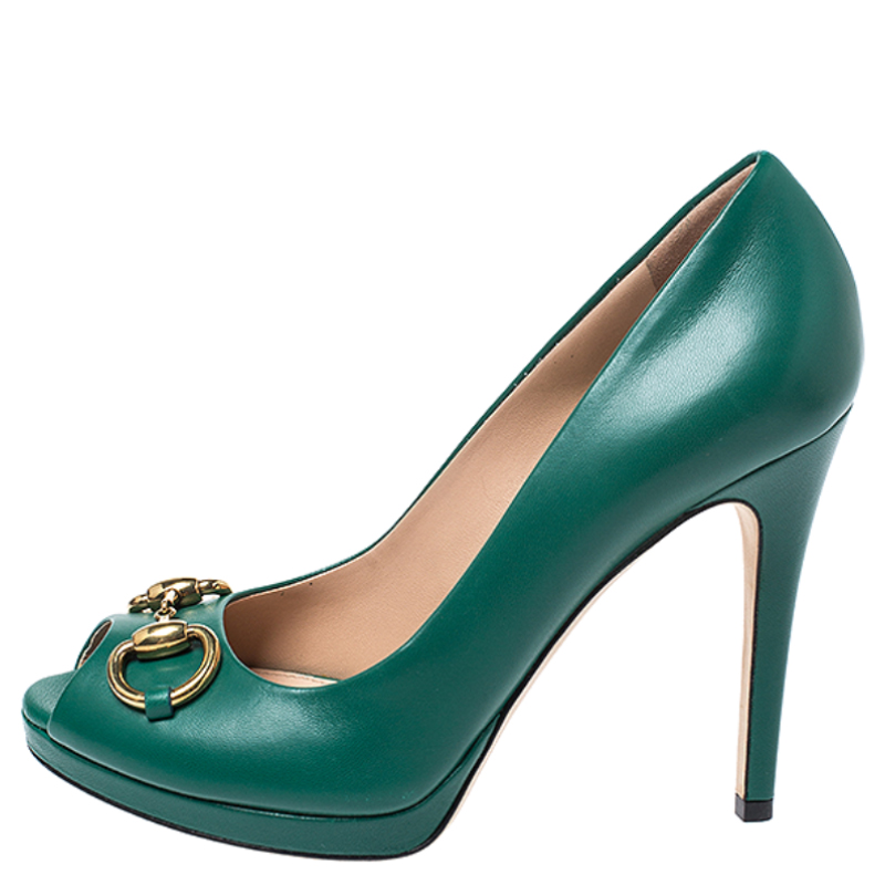 

Gucci Green Leather New Hollywood Horsebit Peep Toe Pumps Size