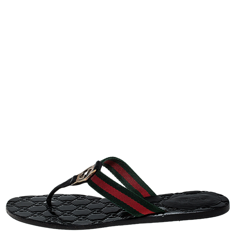 

Gucci Black Guccissima Leather and Canvas GG Thong Web Sandals Size