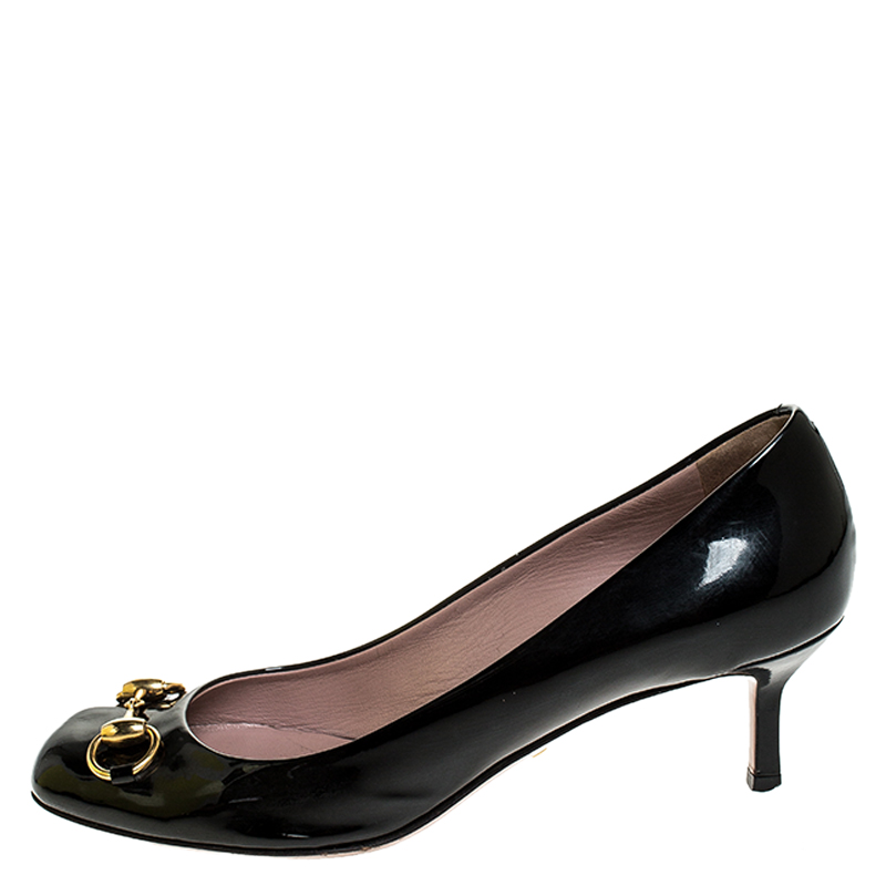 

Gucci Black Patent Leather Jolene Horsebit Pumps Size