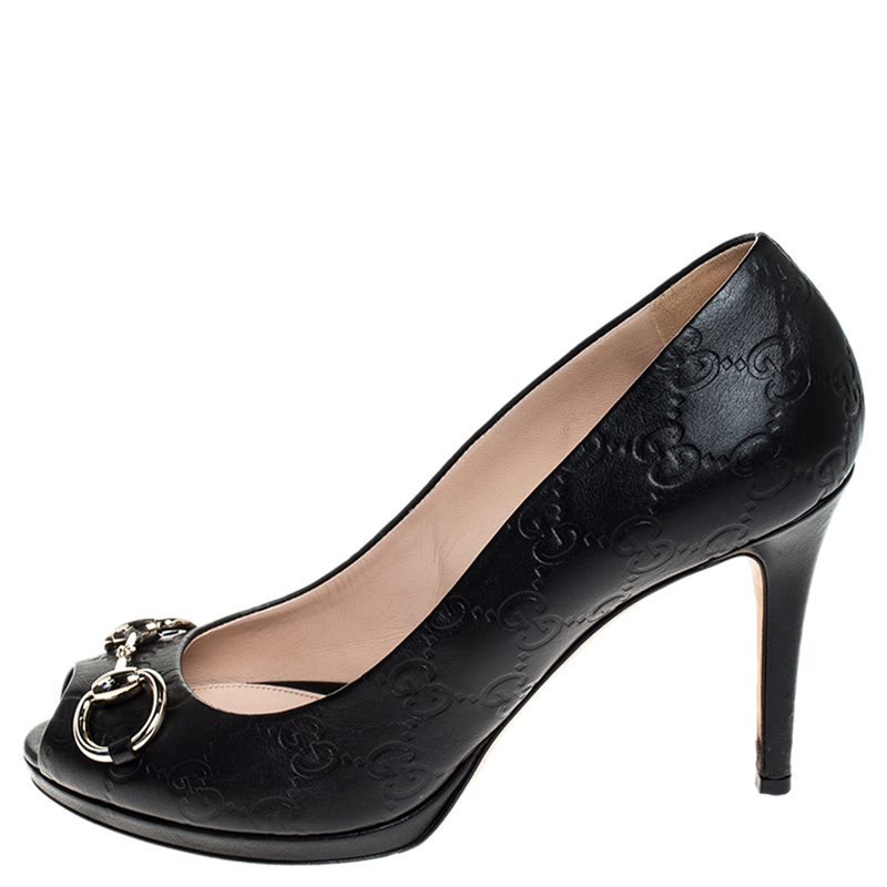 

Gucci Black Guccissima Leather New Hollywood Horsebit Peep Toe Pumps Size