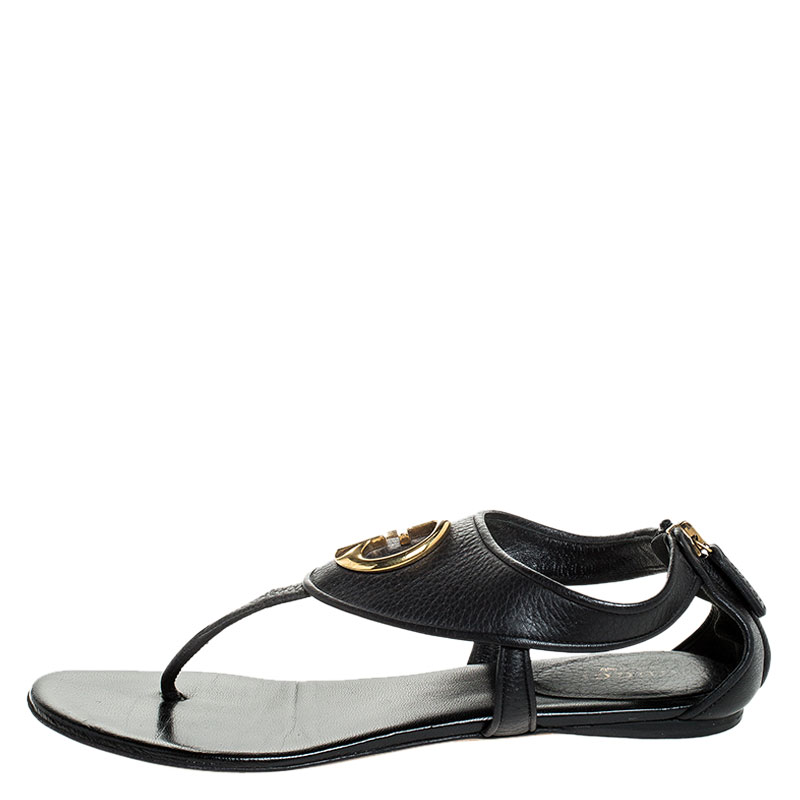 

Gucci Black Leather GG Logo Thong Sandals Size