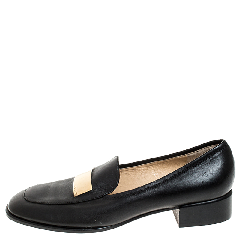 

Gucci Black Leather Gold-Tone Logo Plate Block Heel Loafer Pumps Size