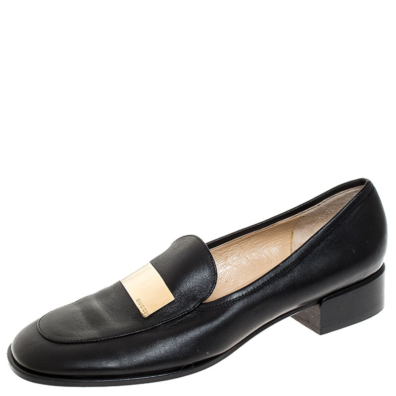 Pre-owned Gucci Black Leather Gold-tone Logo Plate Block Heel Loafer Pumps Size 37