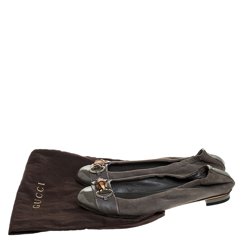 Pre-owned Gucci Grey Suede Patent And Leather Bamboo Horsebit Ballet Flats Size 36.5 In Silver