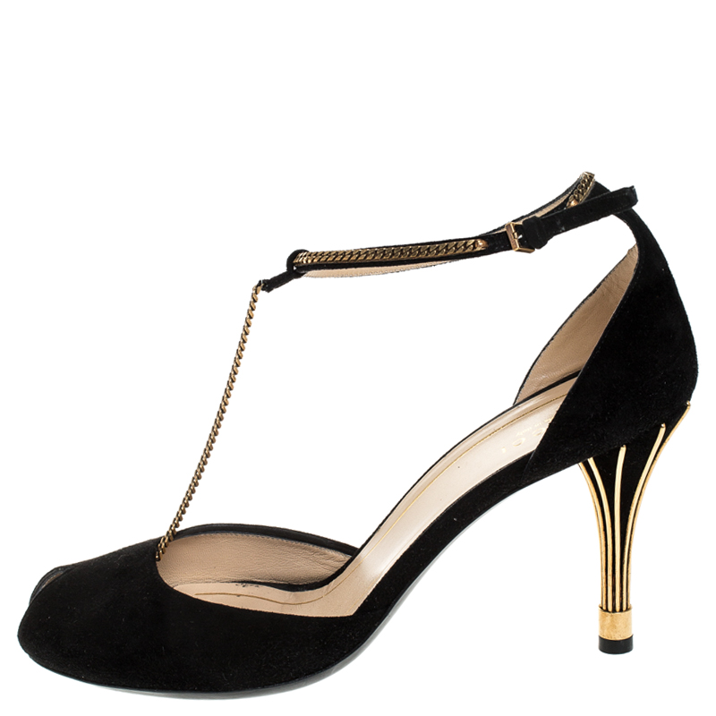 

Gucci Black Suede Ophelie Chain Detail Ankle Strap Sandals Size