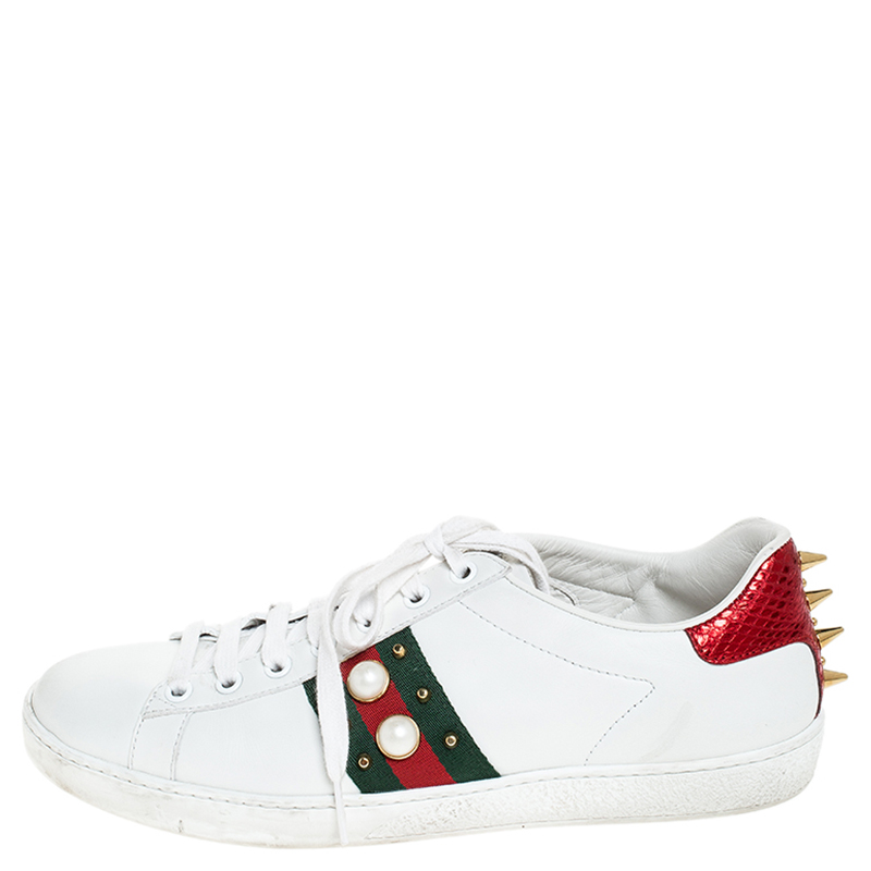 

Gucci White Leather Python Trim Web Detail New Ace Faux Pearl Embellished Low Top Sneakers Size