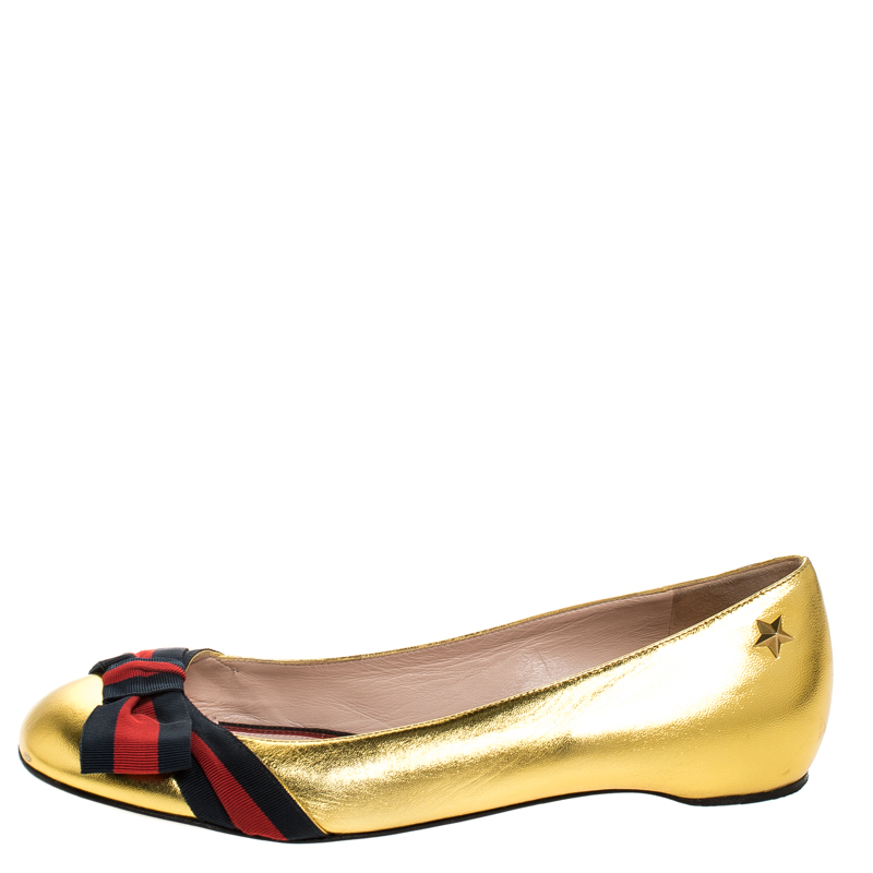 

Gucci Metallic Gold Leather Aline Web Bow Detail Ballet Flats