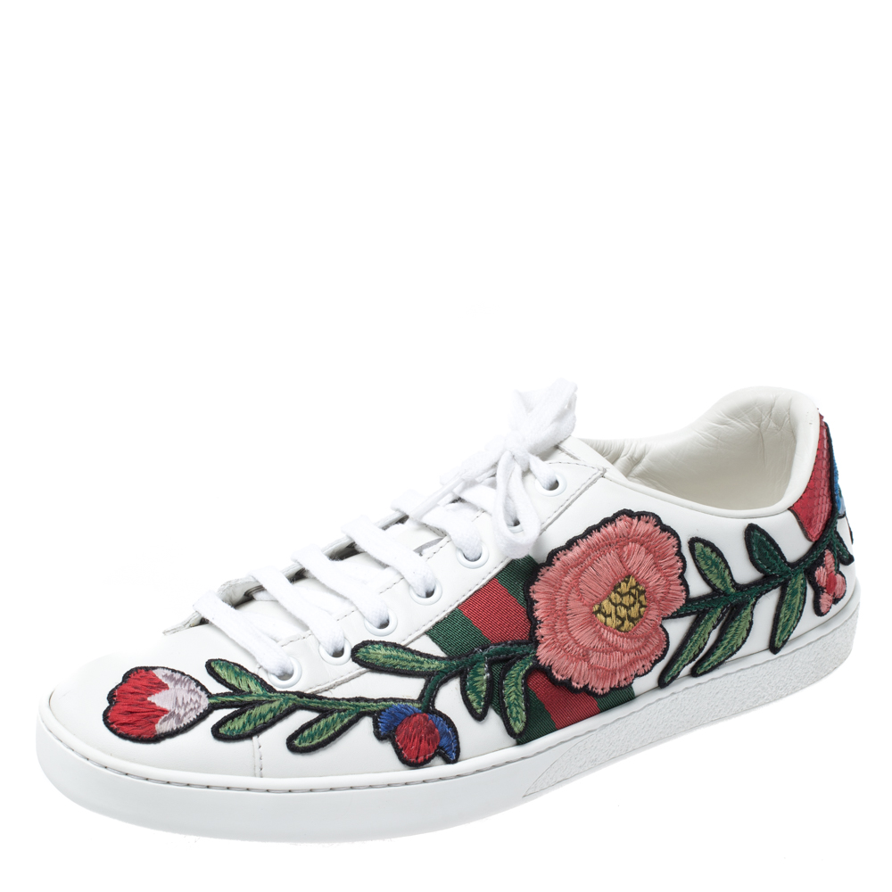 Gucci White Floral Embroidered Leather Ace Low Top Sneakers Size 39