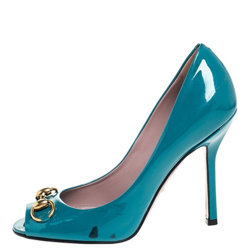 

Gucci Teal Patent Leather Jolene Horsebit Peep Toe Pumps Size, Blue
