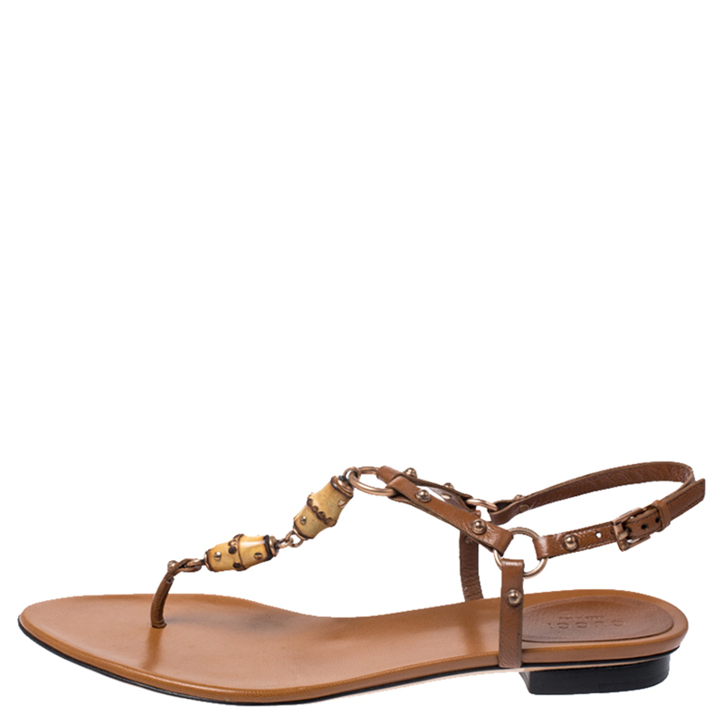 

Gucci Brown Leather Bamboo Embellished Thong Sandals Size