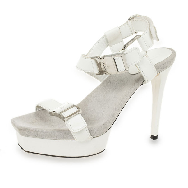 Gucci White Leather 'Gail' Clasp Platform Sandals Size 37.5