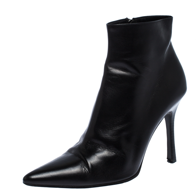 black leather pointed toe ankle boots