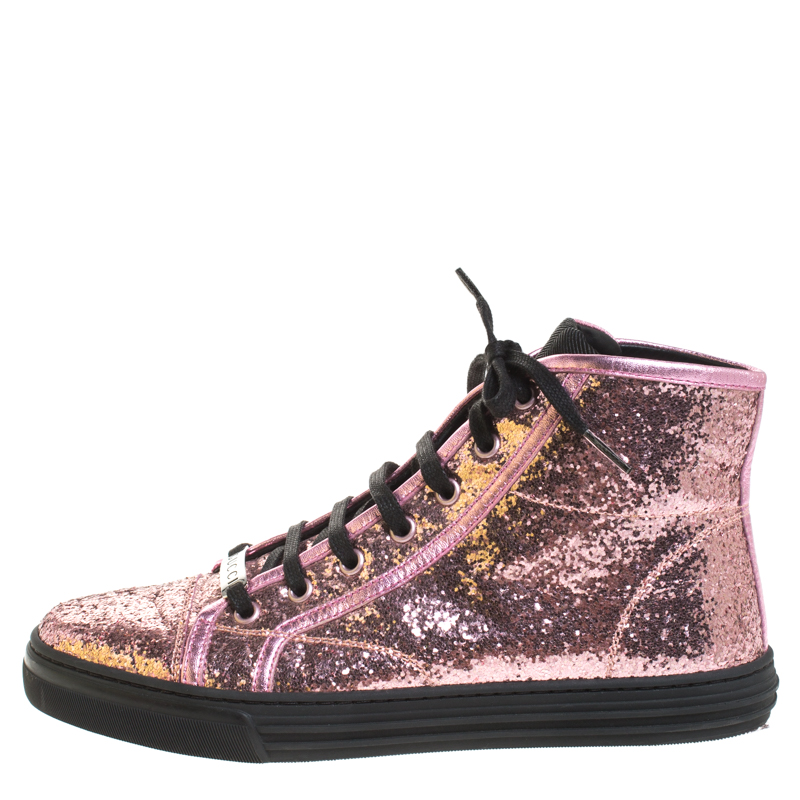 

Gucci Metallic Pink Glitter Leather And Leather Trim California High Top Sneakers Size