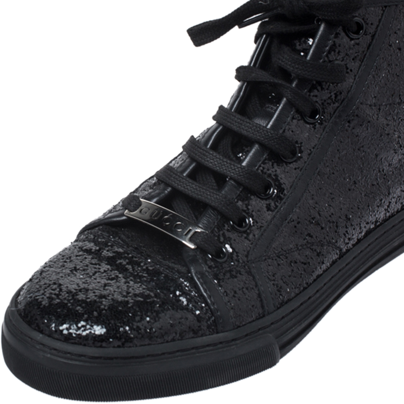 Gucci Black Glitter Fabric And Leather Trim California High Top Sneakers  Size 36.5 Gucci