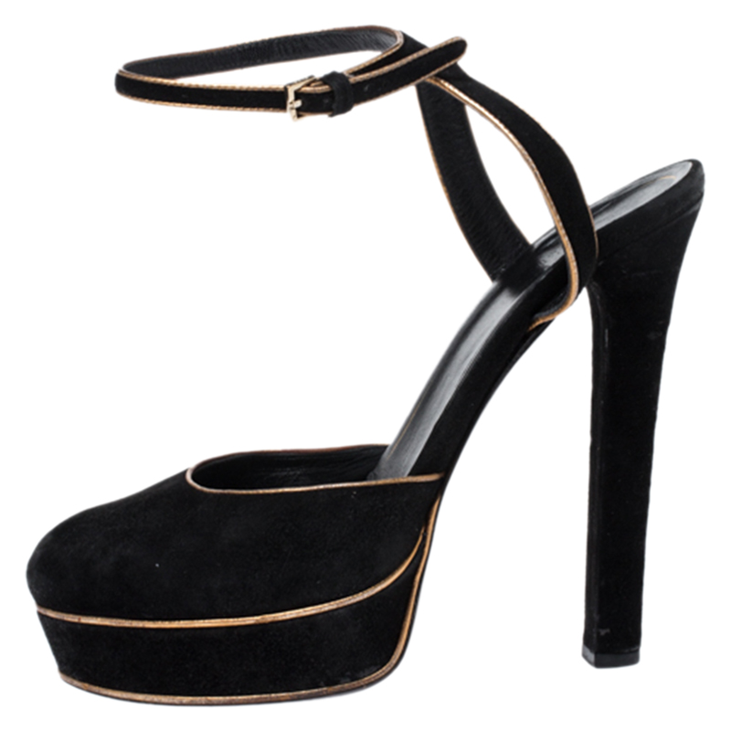 

Gucci Black/Gold Suede Huston Ankle Strap Platform Sandals Size