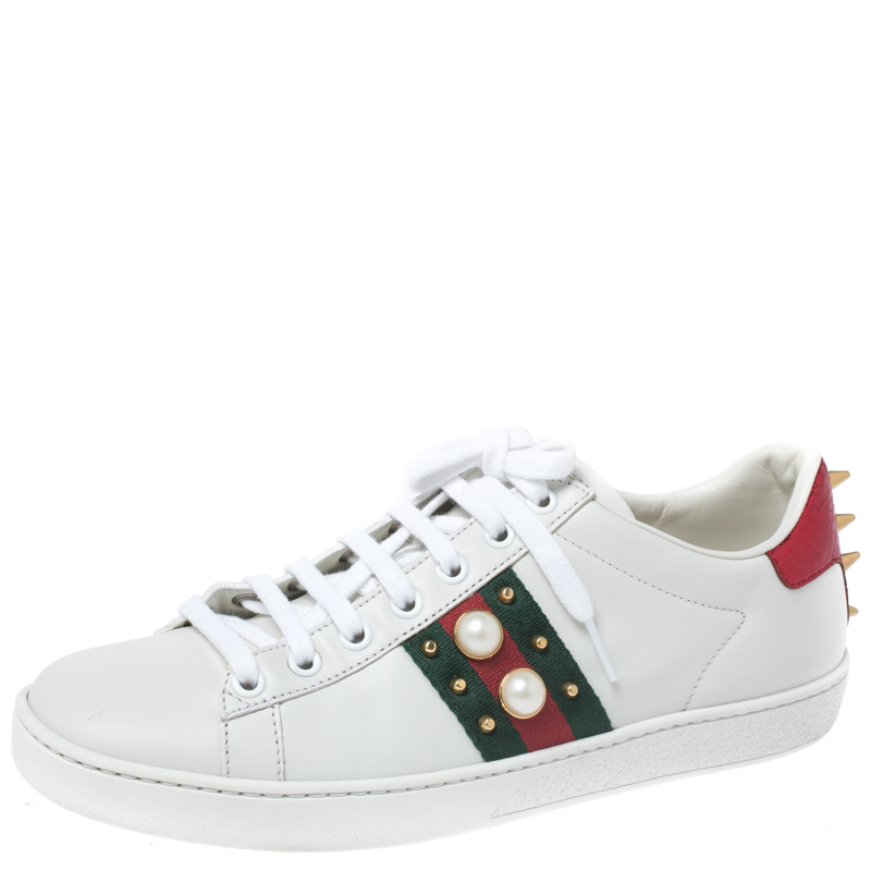 Gucci White Leather Python Trim Web Detail New Ace Faux Pearl Embellished Low Top Sneakers Size 38