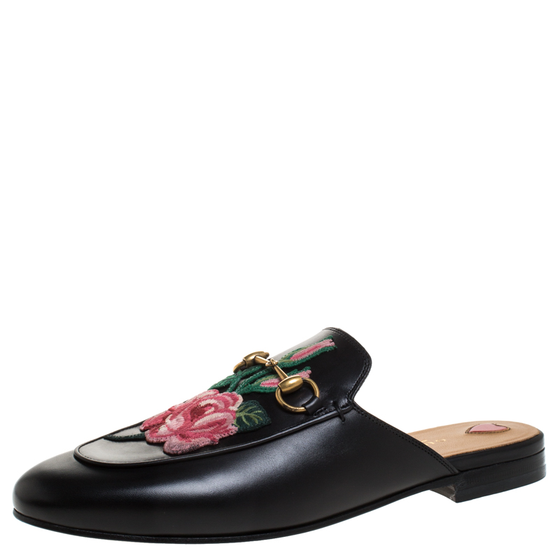Black Floral Embroidered Leather Mules Size 38.5 Gucci TLC