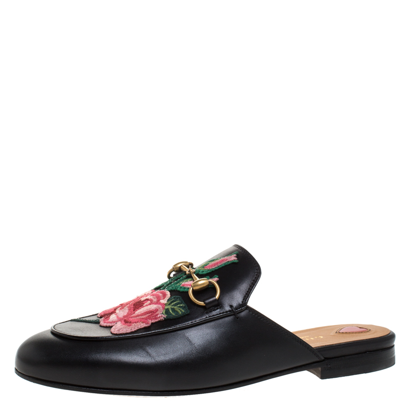 Pre Owned Gucci Black Leather Horsebit Embroidered Princetown Mules Size 37
