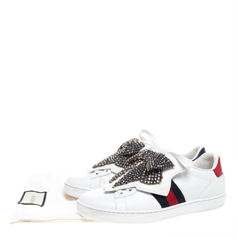 Gucci White Leather Ace Beaded Bow Lace 