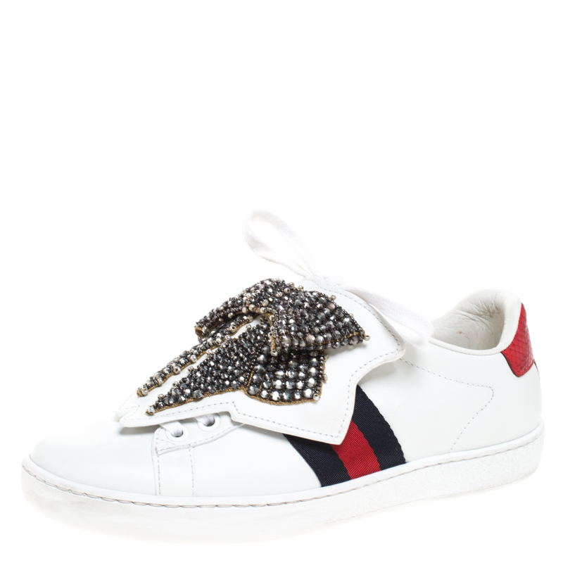 Pre-owned Gucci White Leather Ace Beaded Bow Lace Up Sneakers Size 35