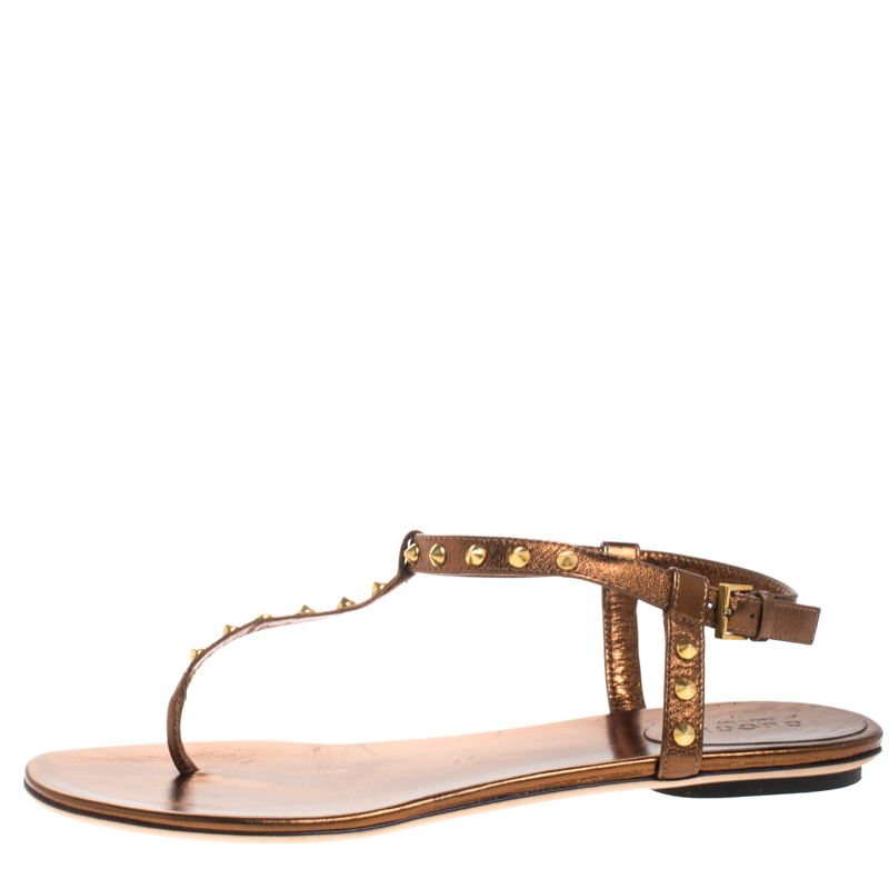 

Gucci Bronze Leather Ankle Strap Yulia Thong Sandals Size, Metallic