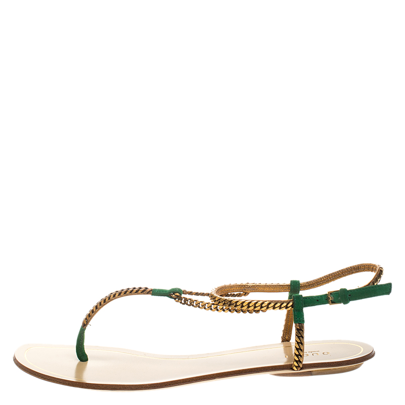 

Gucci Green Suede And Metal Chain Ankle Strap Thong Sandals Size