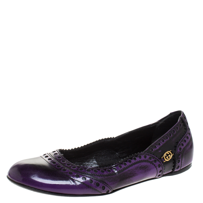 Pre-owned Gucci Black/purple Brogue Leather Ballet Flats Size 37.5