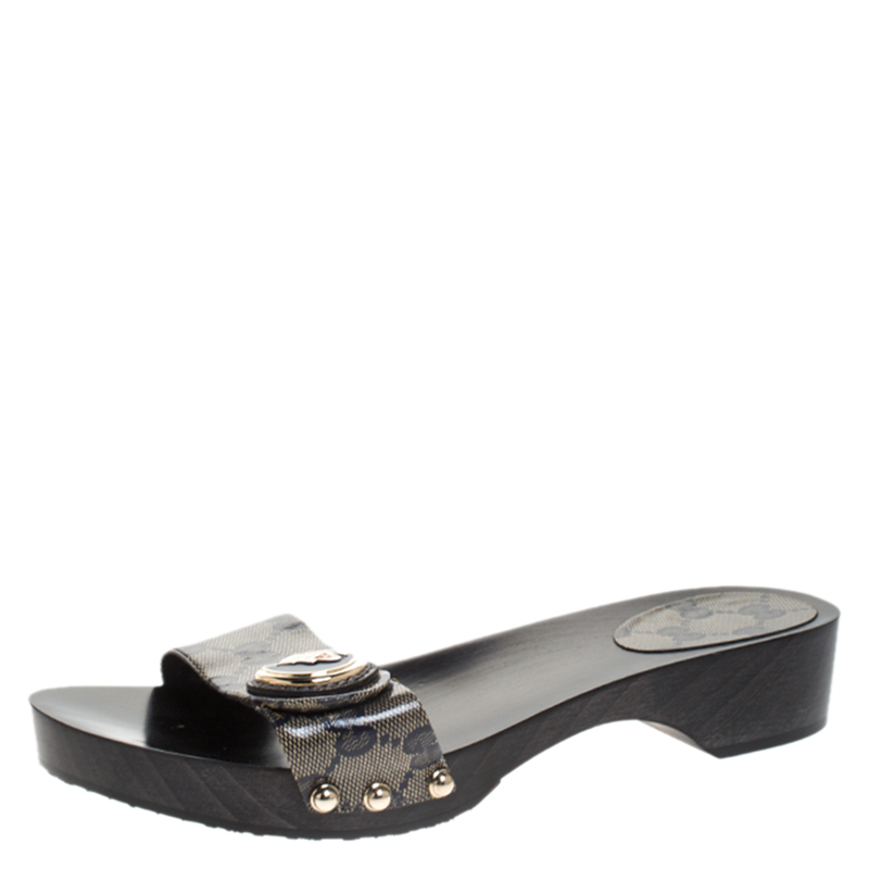 مملوكة مسبقًا صندل سلايد غوتشي هيستيريا كانفاس غوتشيسيما بيج/أزرق مقوى مقاس 37