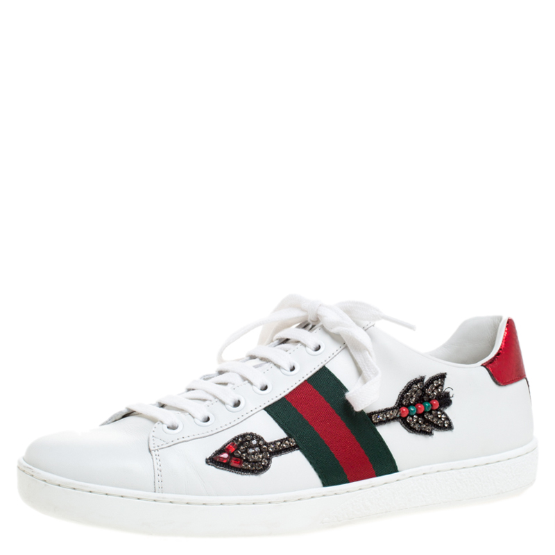 Gucci White Arrow Embellished Leather Ace Low Top Sneakers Size 38.5 ...