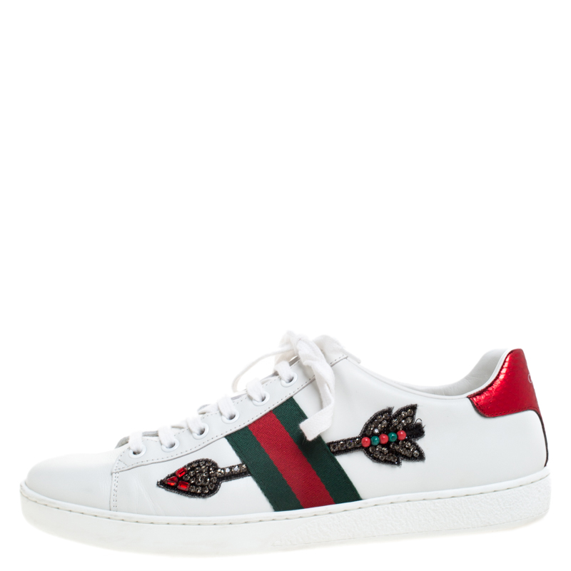 

Gucci White Arrow Embellished Leather Ace Low Top Sneakers Size