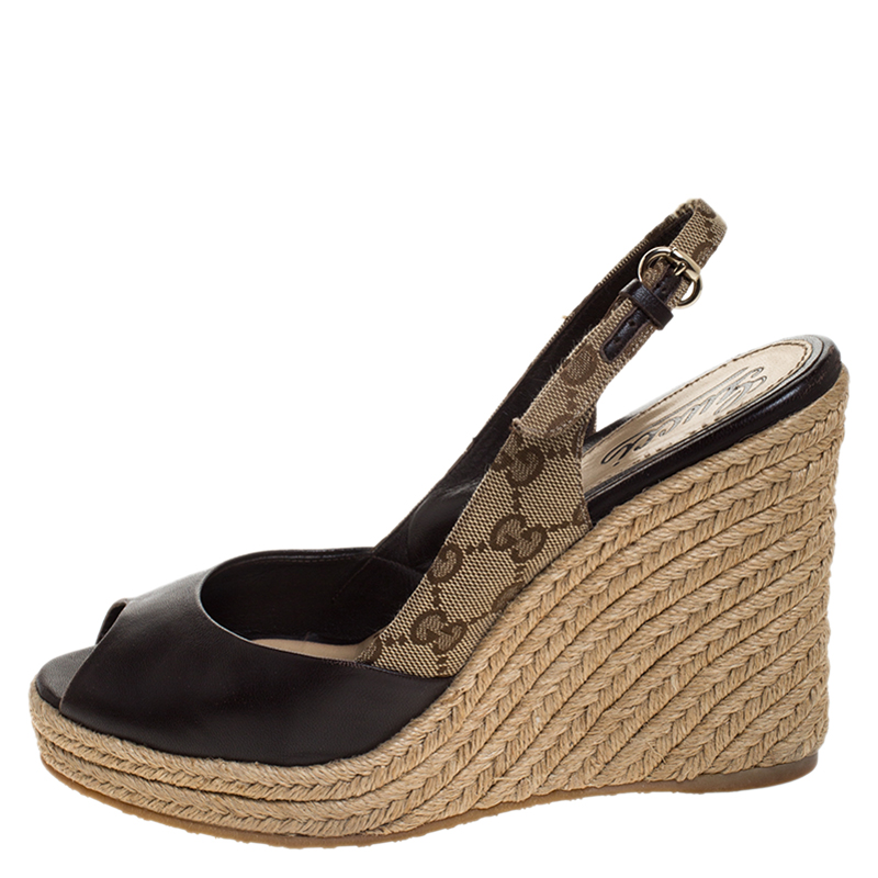 

Gucci Brown GG Canvas and Leather Slingback Espadrille Wedges Size