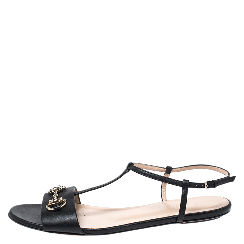 

Gucci Black Leather Horsebit T-Strap Flats Size