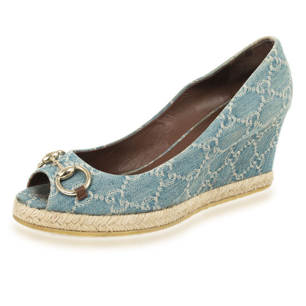 Pre Owned Gucci Blue GG Denim Horsebit Charlotte Espadrille Wedges Size 39