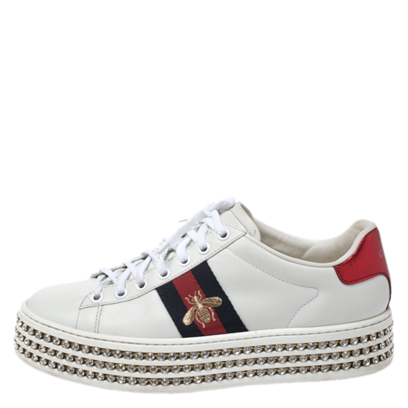 

Gucci White Leather And Bee Web Detail New Ace Crystal Embellished Platform Sneakers Size