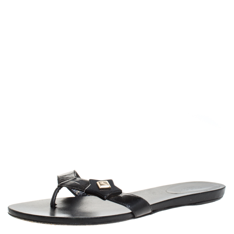 Pre Owned Gucci Black Patent Leather Thong Slipper Sandals Size 38