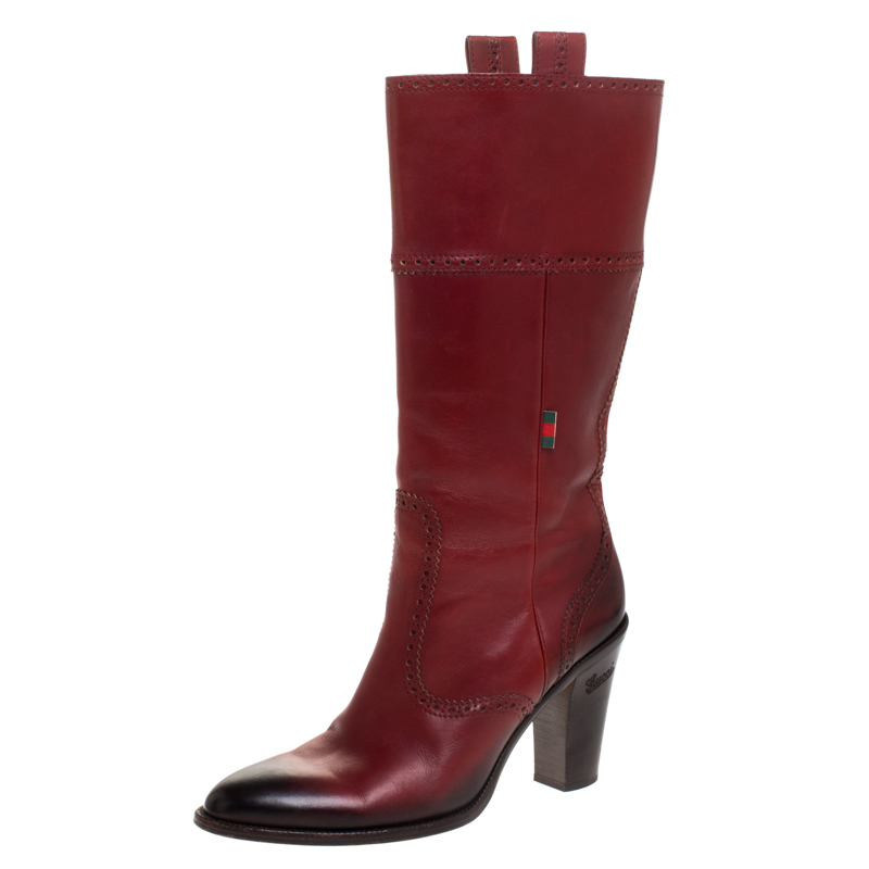 Pre-owned Gucci Burgundy/black Leather Mid Calf Boots Size 40.5