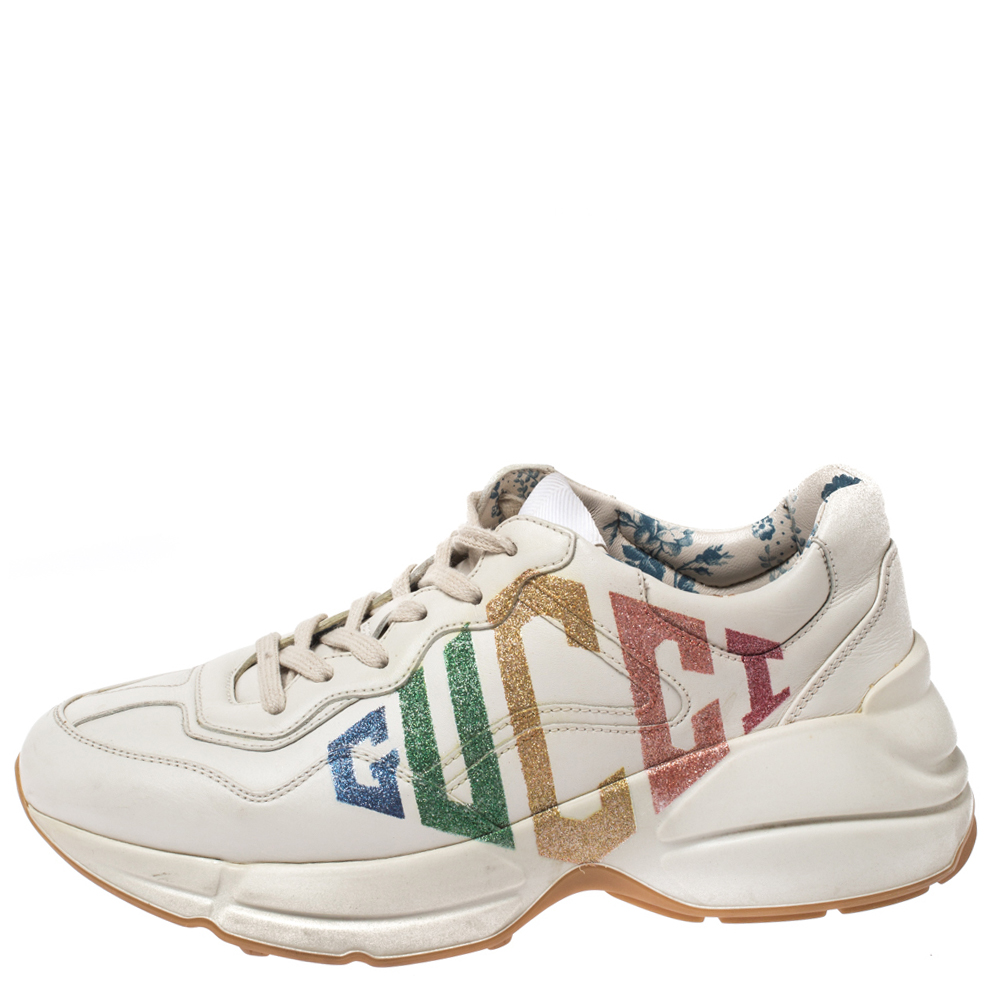 

Gucci White Leather Glitter Rhyton Lace Up Sneakers Size