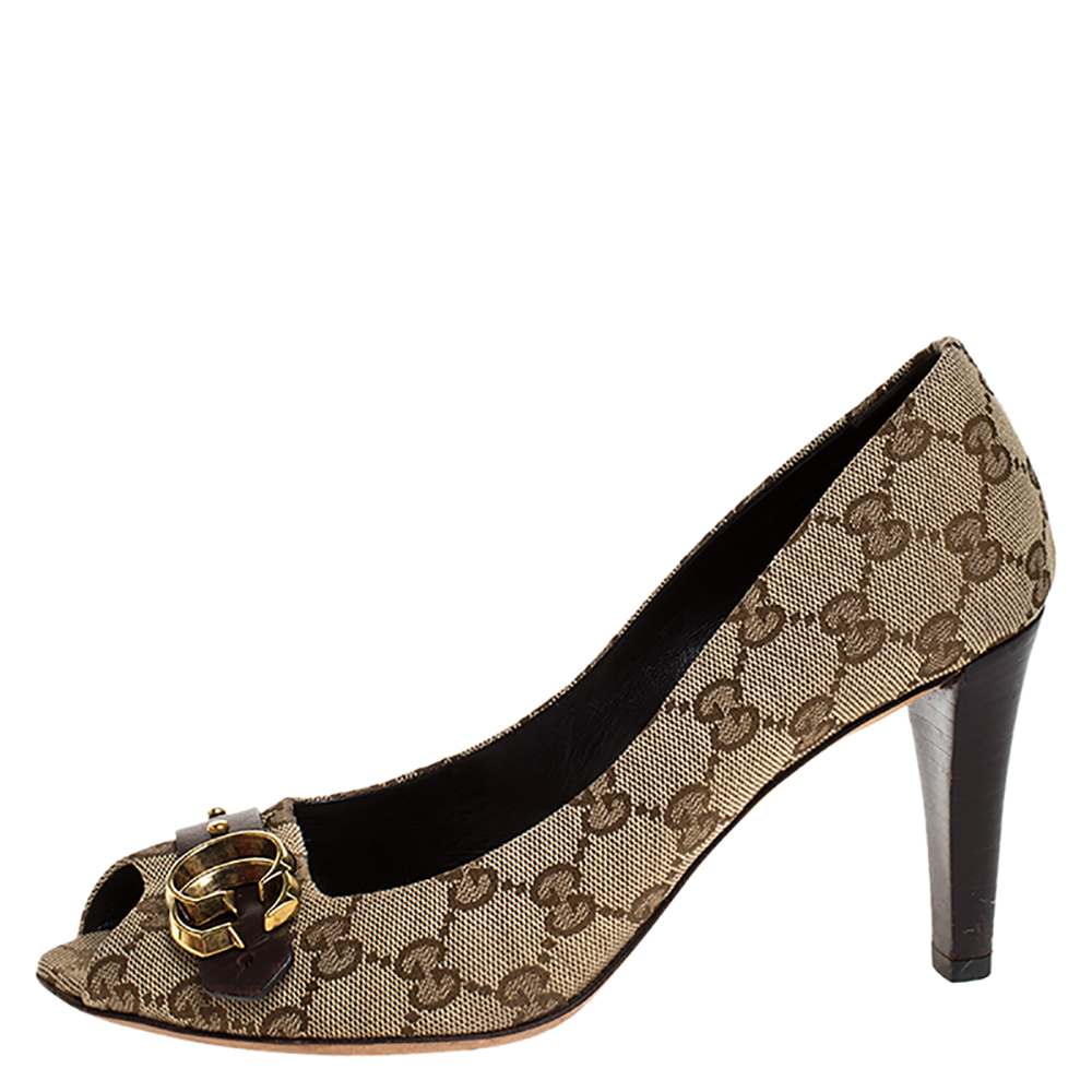 

Gucci Beige/Brown GG Canvas Logo Peep Toe Pumps Size