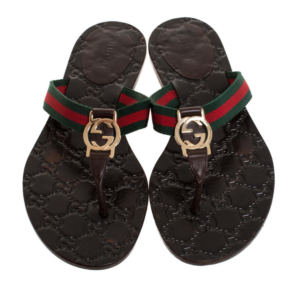 Gucci Brown 'GG' Thong Web Detail Sandals With Double 'G' Ornament Size ...