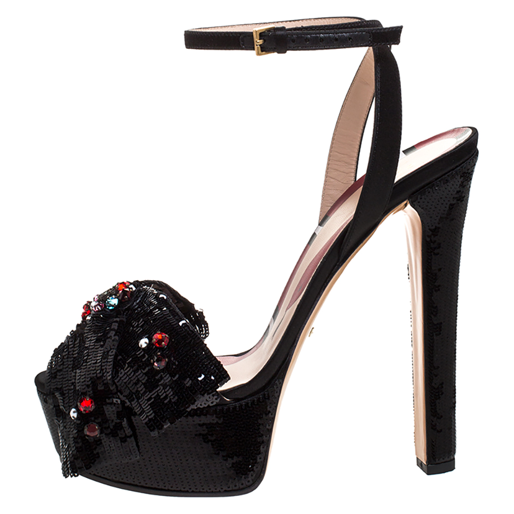 

Gucci Black Crystal Embellished Sequins and Satin Bow Platform Sandals Size