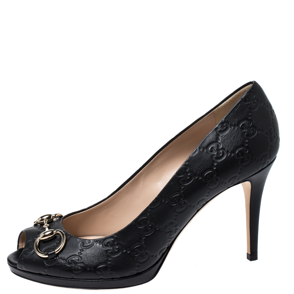

Gucci Black Guccissima Leather Horsebit Peep Toe Pumps Size